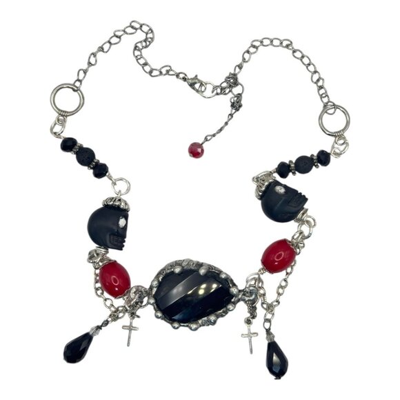 Dark Romance Gothic Necklace: Faceted Black Onyx Pendant w Skull & Cross Charms - Picture 8 of 13